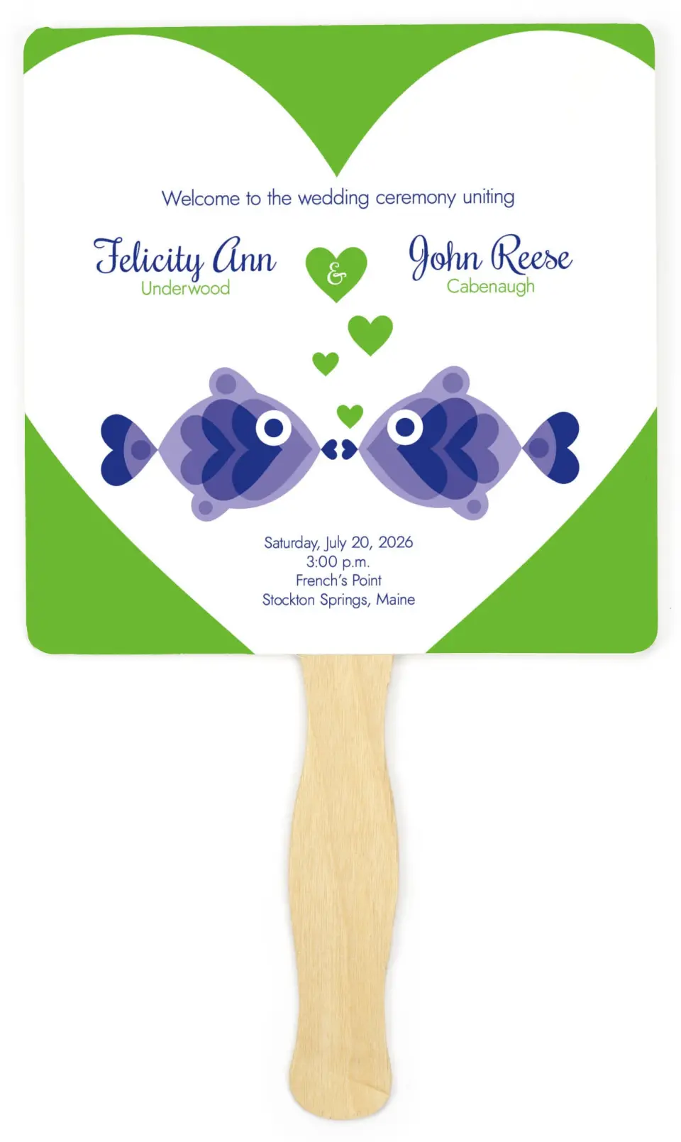 This is a 6¼" x 6¼" Wedding Program Fan called Pucker Up printed in full color on Premium Smooth paper