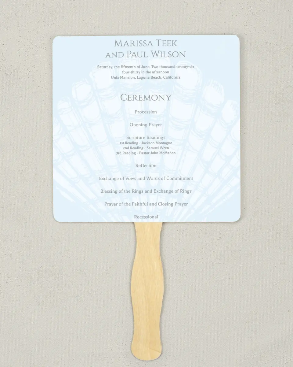 This is a 6¼" x 6¼" Wedding Program Fan called Scallop Seashell printed in full color on Premium Smooth paper