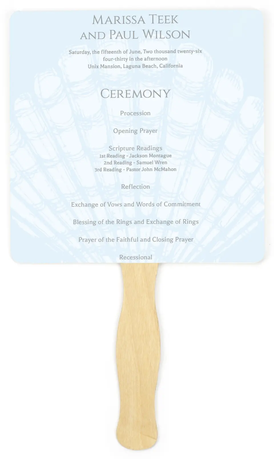 This is a 6¼" x 6¼" Wedding Program Fan called Scallop Seashell printed in full color on Premium Smooth paper