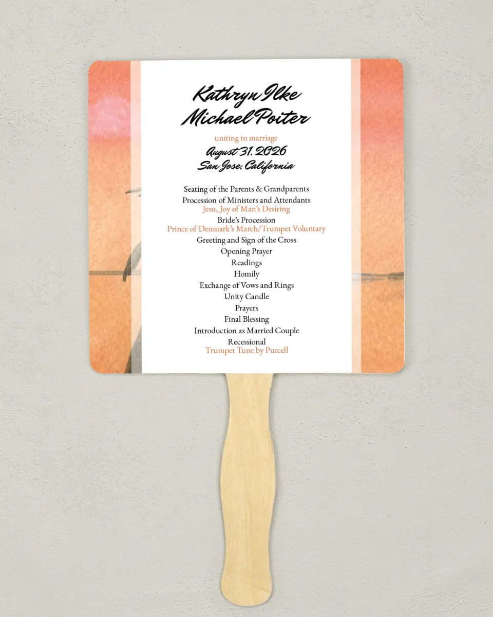 This is a 6¼" x 6¼" Wedding Program Fan called Island Oasis printed in full color on Premium Smooth paper