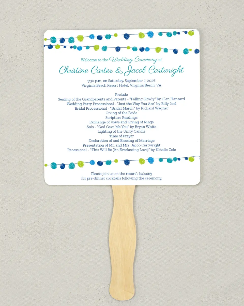 This is a 6¼" x 6¼" Wedding Program Fan called Lantern Scribbles printed in full color on Premium Smooth paper