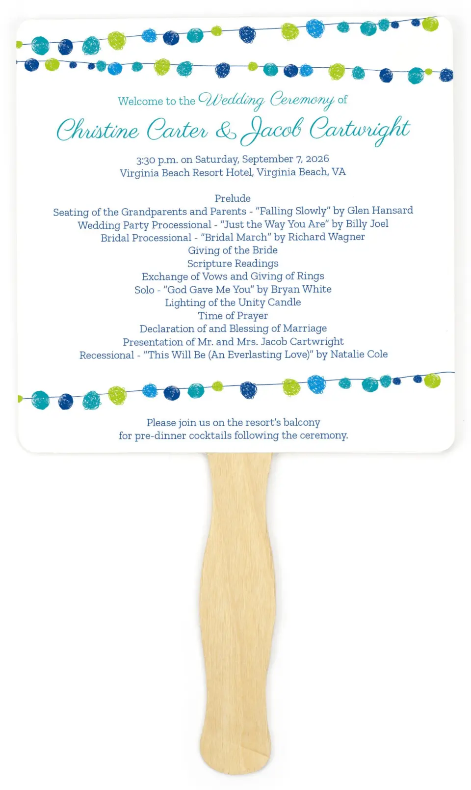 This is a 6¼" x 6¼" Wedding Program Fan called Lantern Scribbles printed in full color on Premium Smooth paper