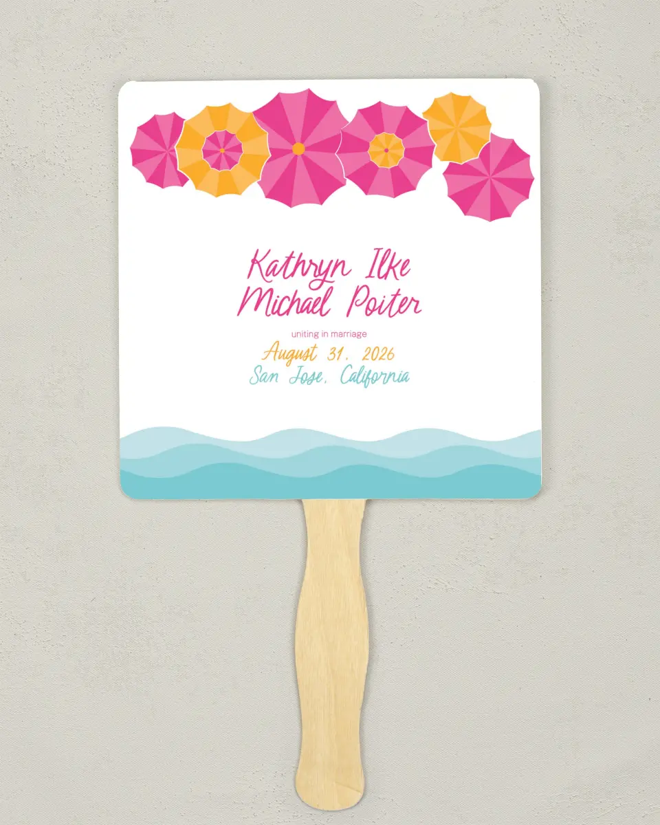 This is a 6¼" x 6¼" Wedding Program Fan called Playful Parasols printed in full color on Premium Smooth paper