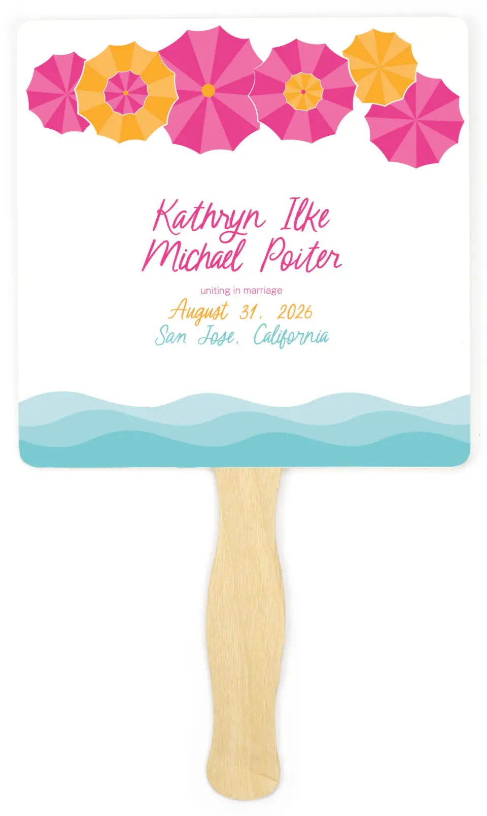 This is a 6¼" x 6¼" Wedding Program Fan called Playful Parasols printed in full color on Premium Smooth paper