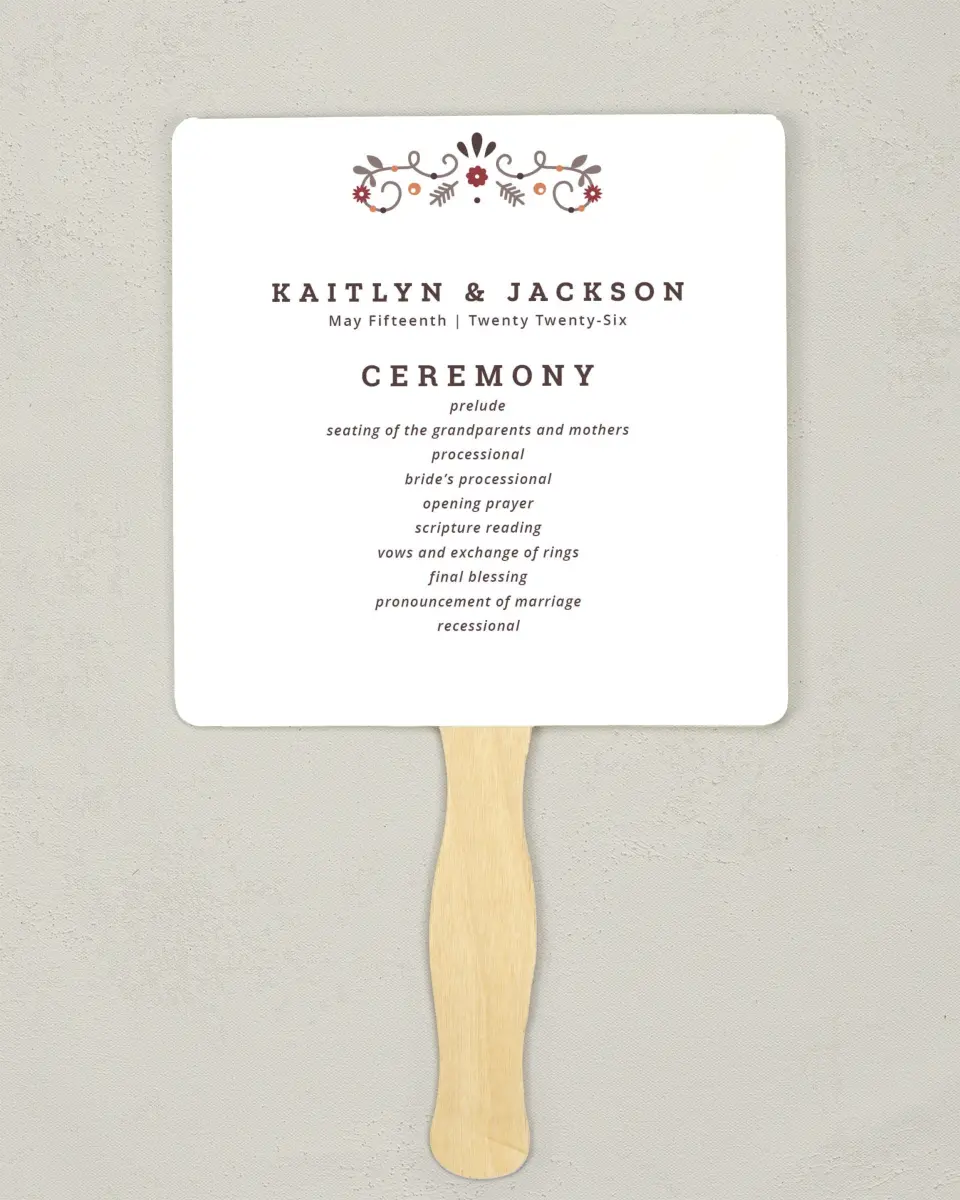 This is a 6¼" x 6¼" Wedding Program Fan called Fall Treasures printed in full color on Premium Smooth paper