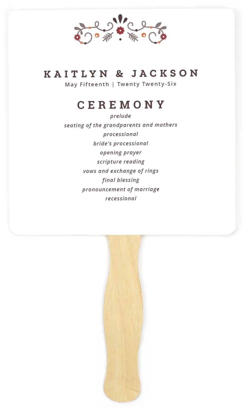 This is a 6¼" x 6¼" Wedding Program Fan called Fall Treasures printed in full color on Premium Smooth paper