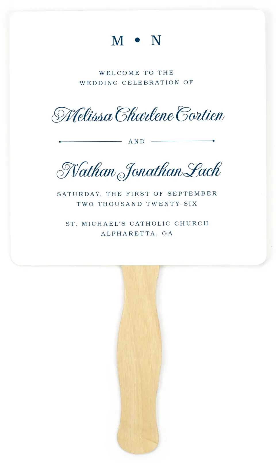 This is a 6¼" x 6¼" Wedding Program Fan called Grand Soiree printed in full color on Premium Smooth paper