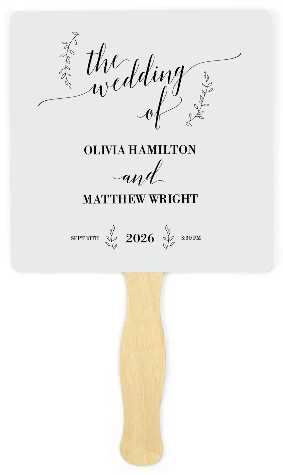 This is a 6¼" x 6¼" Wedding Program Fan called Naturally Leaves printed in full color on Premium Smooth paper