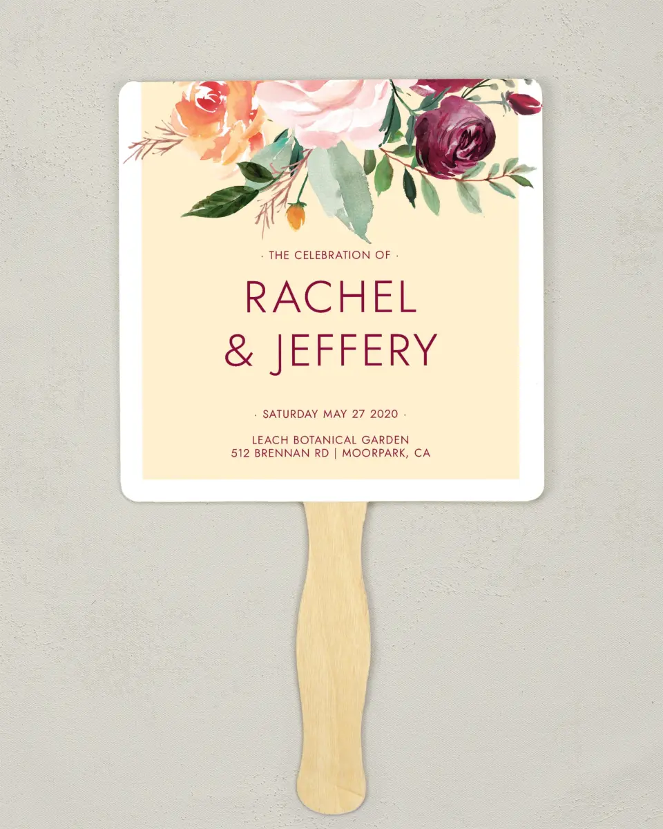 This is a 6¼" x 6¼" Wedding Program Fan called Country Florals printed in full color on Premium Smooth paper