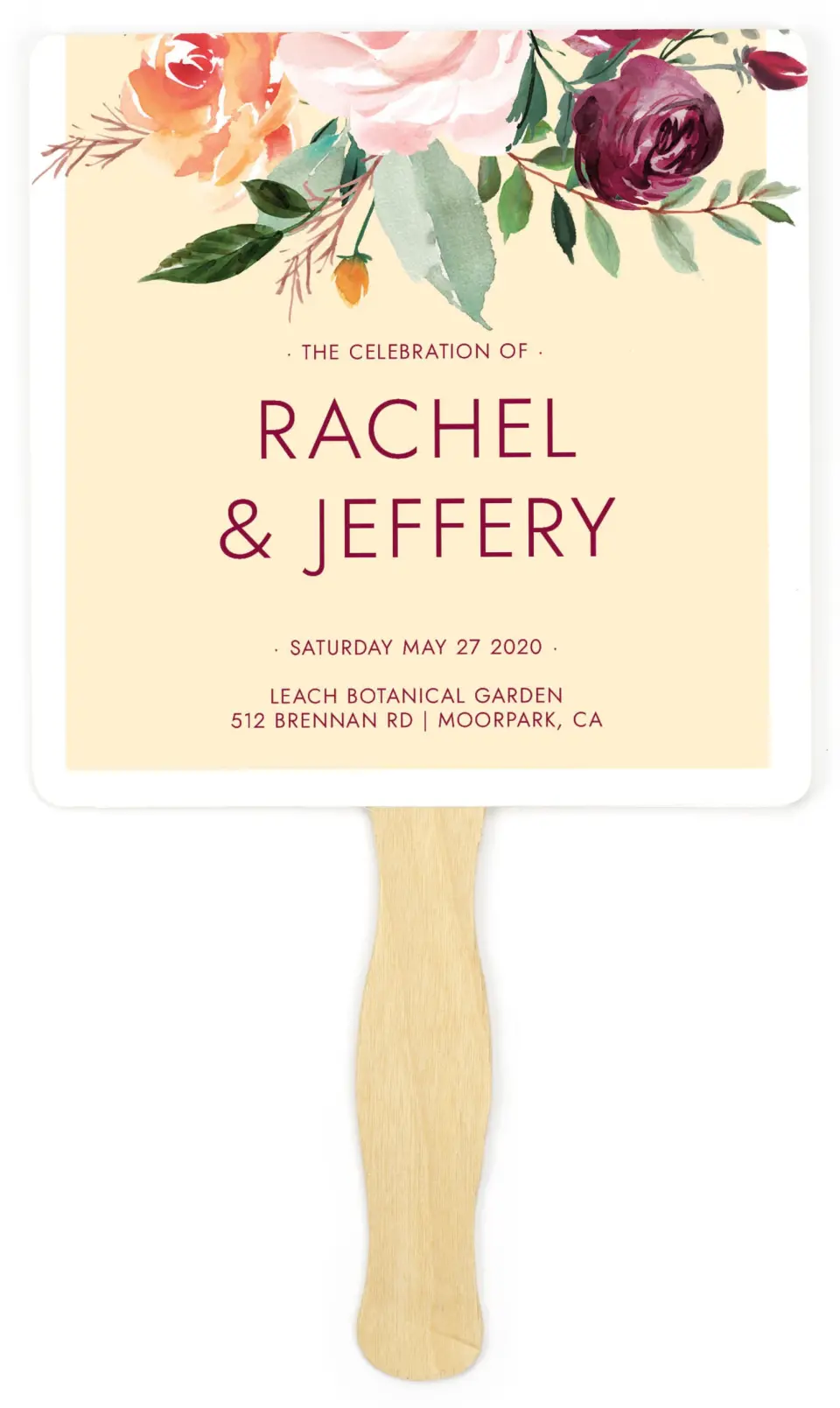 This is a 6¼" x 6¼" Wedding Program Fan called Country Florals printed in full color on Premium Smooth paper