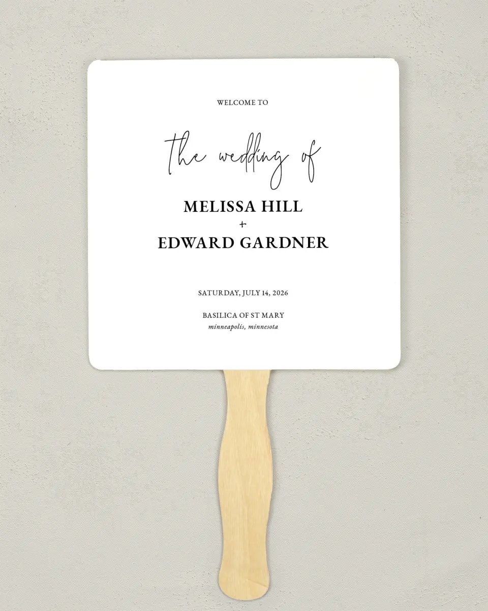 This is a 6¼" x 6¼" Wedding Program Fan called Sensibly Simple printed in full color on Premium Smooth paper