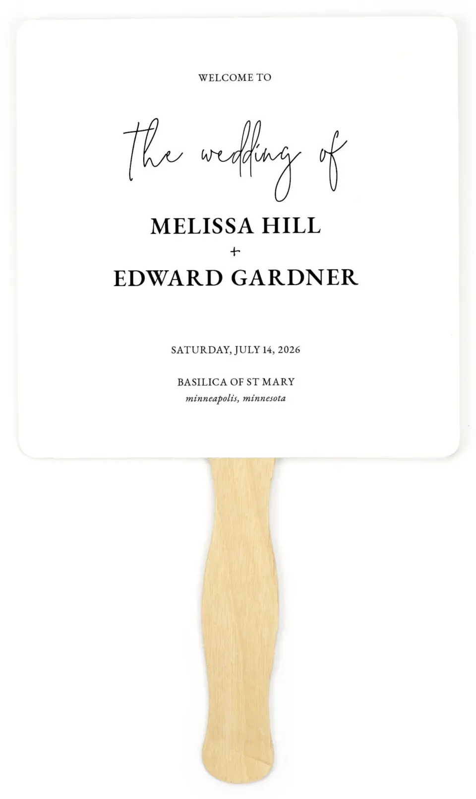 This is a 6¼" x 6¼" Wedding Program Fan called Sensibly Simple printed in full color on Premium Smooth paper