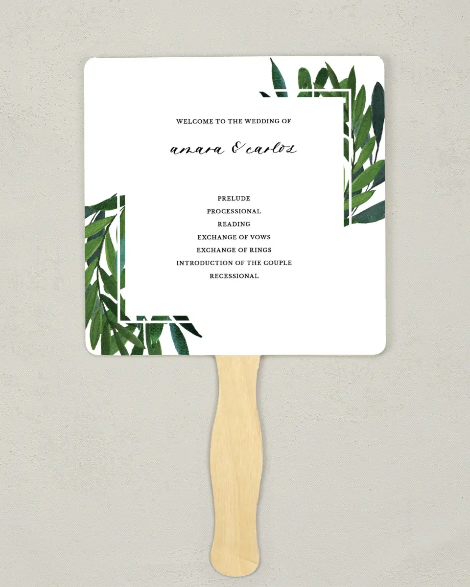 This is a 6¼" x 6¼" Wedding Program Fan called Painted Greens printed in full color on Premium Smooth paper