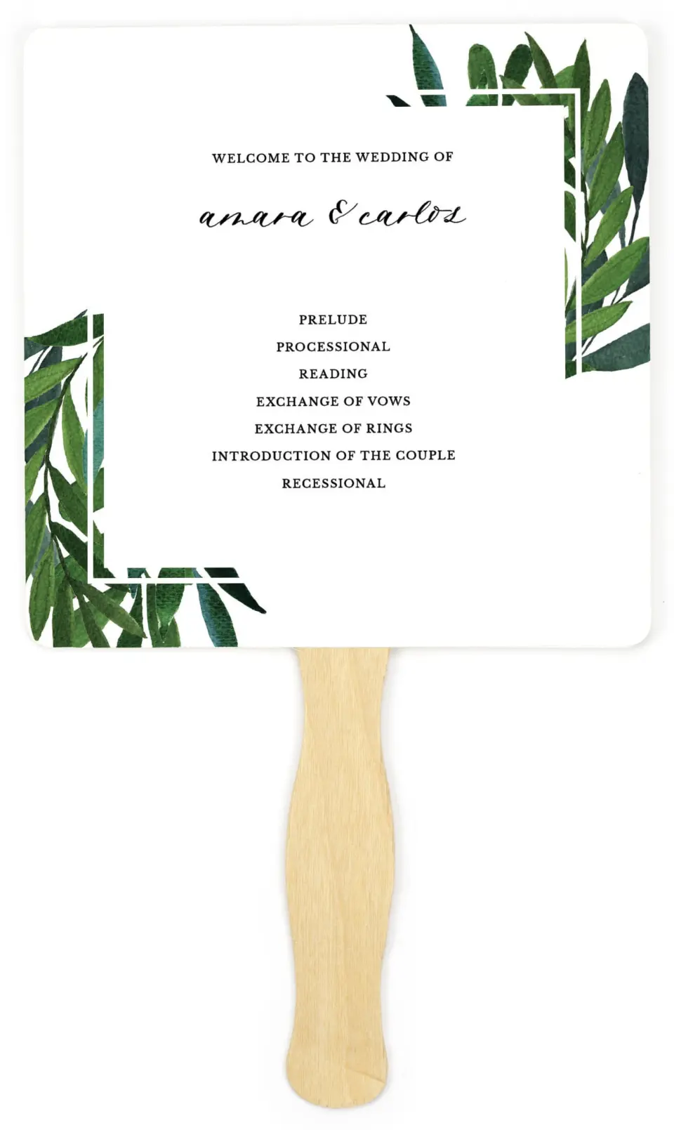 This is a 6¼" x 6¼" Wedding Program Fan called Painted Greens printed in full color on Premium Smooth paper