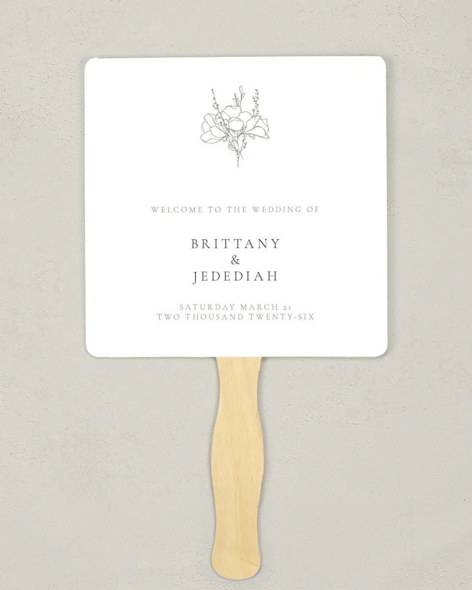 This is a 6¼" x 6¼" Wedding Program Fan called Poetic Bloom printed in full color on Premium Smooth paper