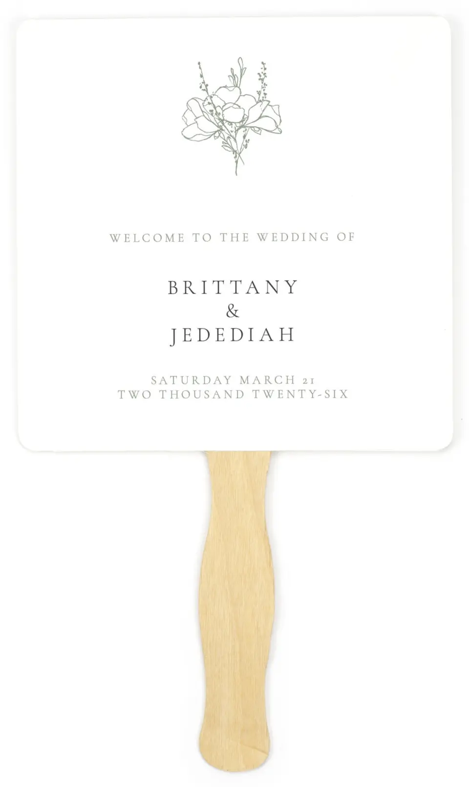 This is a 6¼" x 6¼" Wedding Program Fan called Poetic Bloom printed in full color on Premium Smooth paper