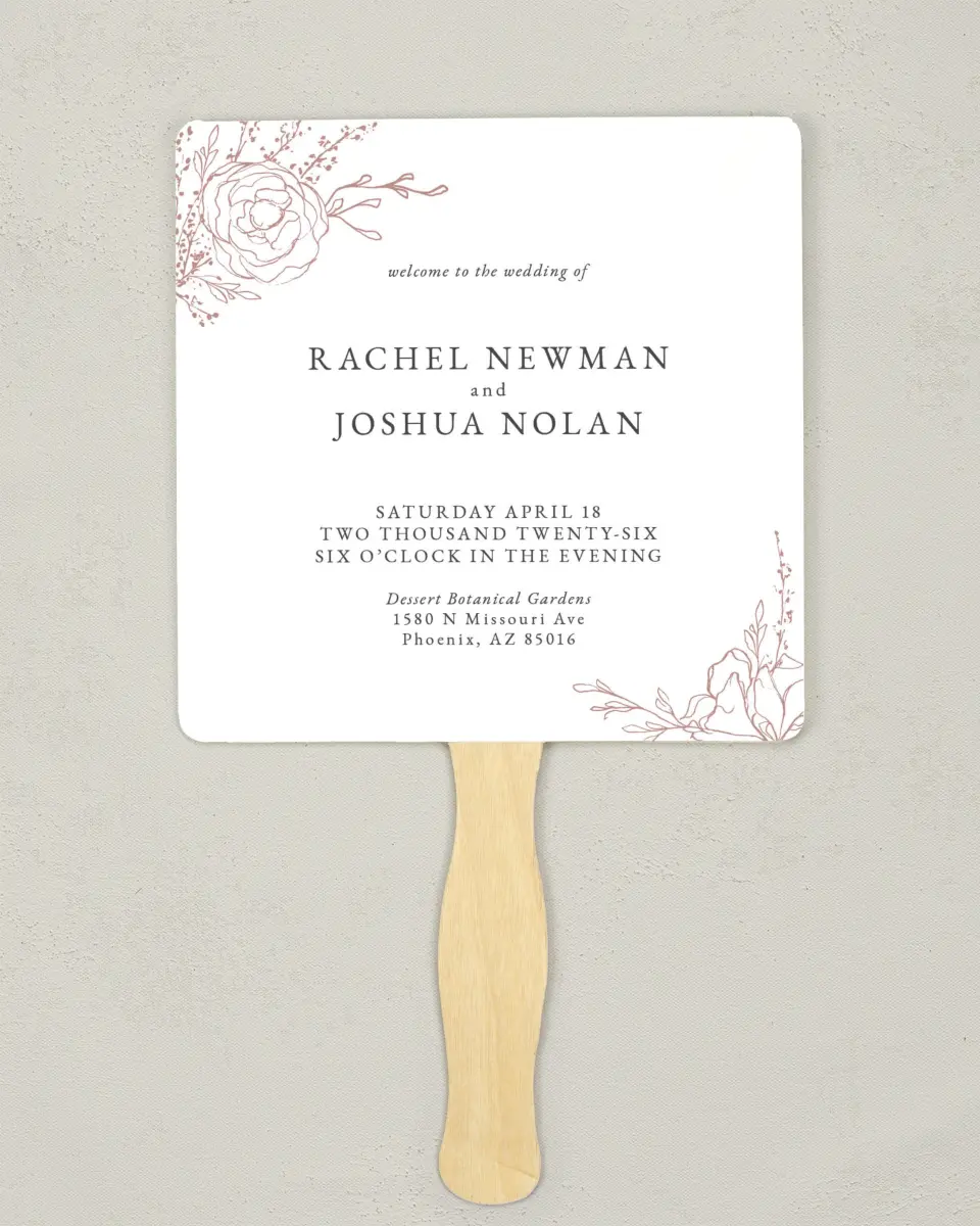 This is a 6¼" x 6¼" Wedding Program Fan called Blooming Rose printed in full color on Premium Smooth paper