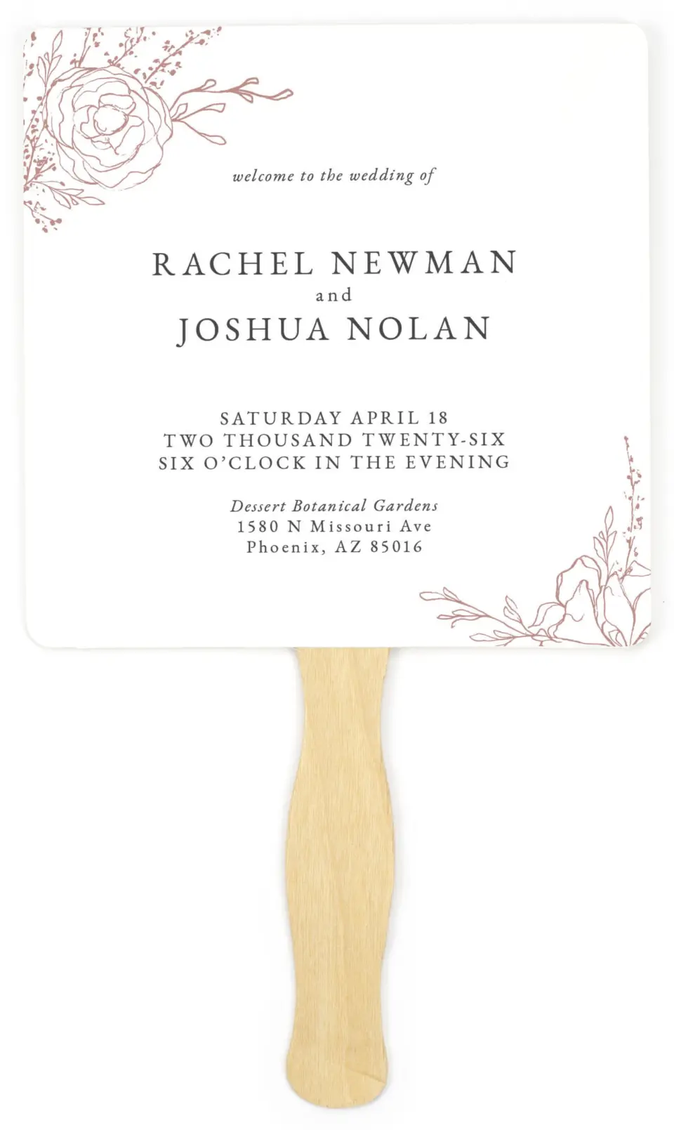 This is a 6¼" x 6¼" Wedding Program Fan called Blooming Rose printed in full color on Premium Smooth paper