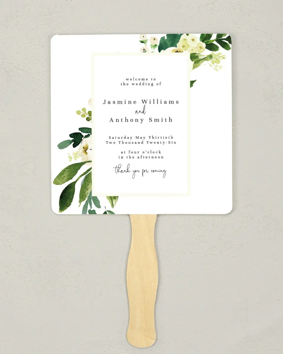 This is a 6¼" x 6¼" Wedding Program Fan called Wedding Florals printed in full color on Premium Smooth paper