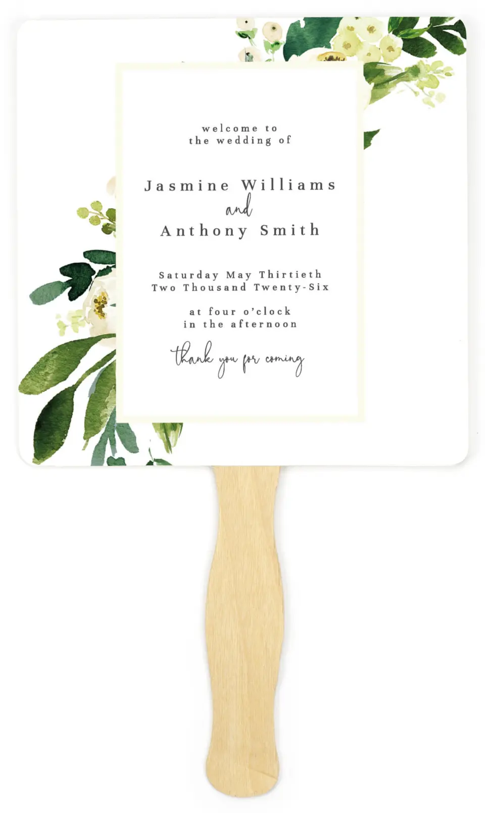 This is a 6¼" x 6¼" Wedding Program Fan called Wedding Florals printed in full color on Premium Smooth paper