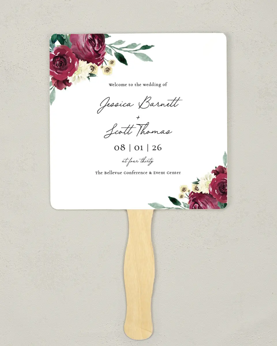 This is a 6¼" x 6¼" Wedding Program Fan called Floral Touch printed in full color on Premium Smooth paper