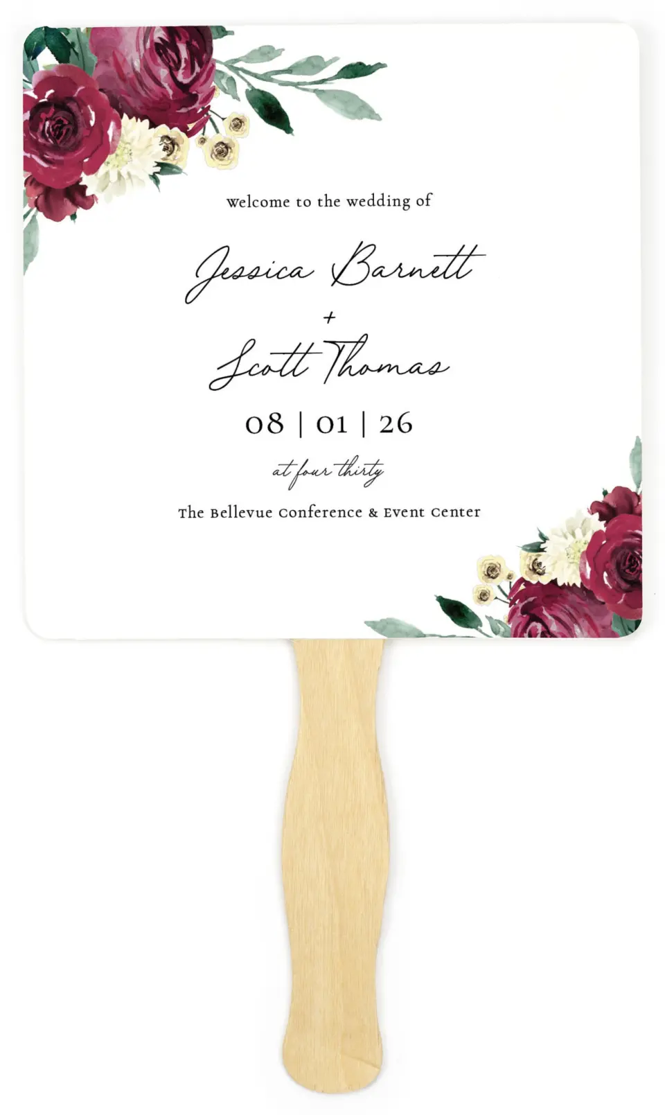 This is a 6¼" x 6¼" Wedding Program Fan called Floral Touch printed in full color on Premium Smooth paper