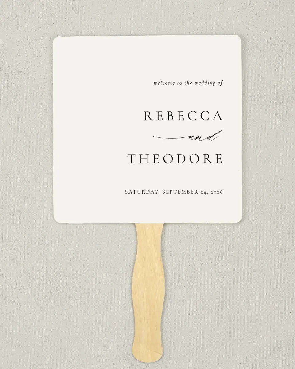 This is a 6¼" x 6¼" Wedding Program Fan called Simply Elegant printed in full color on Premium Smooth paper