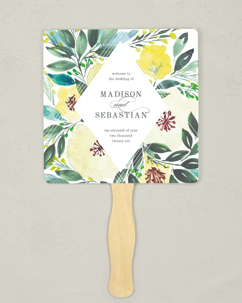 This is a 6¼" x 6¼" Wedding Program Fan called Bold Blooms printed in full color on Premium Smooth paper