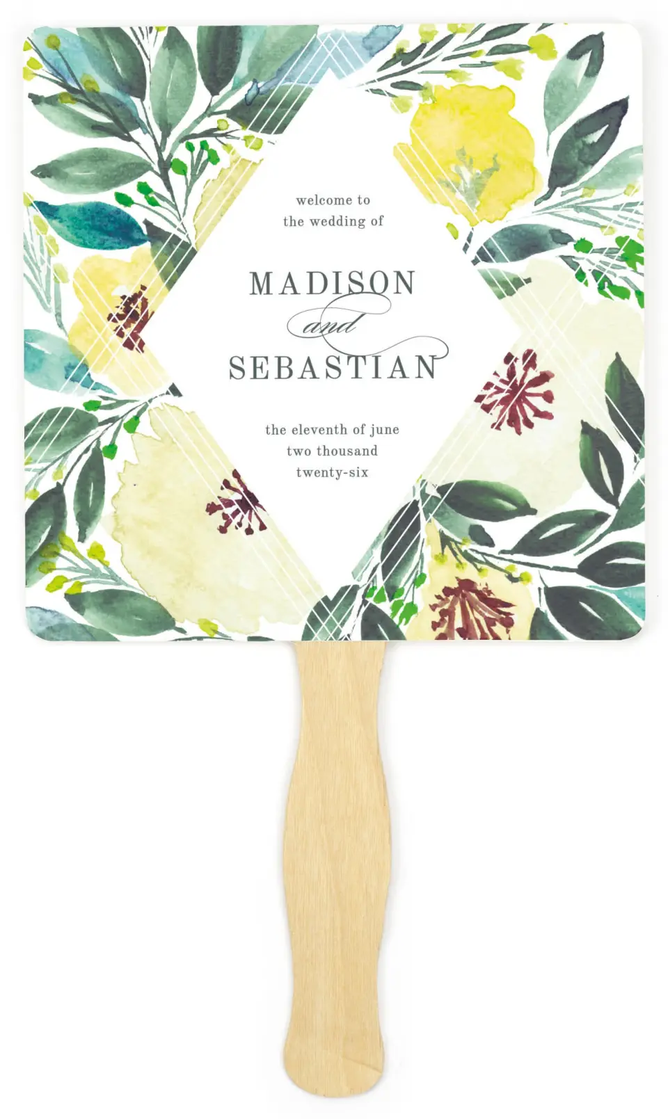 This is a 6¼" x 6¼" Wedding Program Fan called Bold Blooms printed in full color on Premium Smooth paper