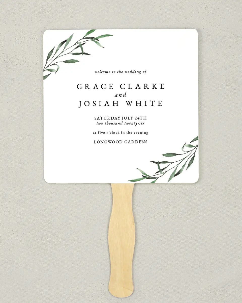 This is a 6¼" x 6¼" Wedding Program Fan called Tender Twig printed in full color on Premium Smooth paper