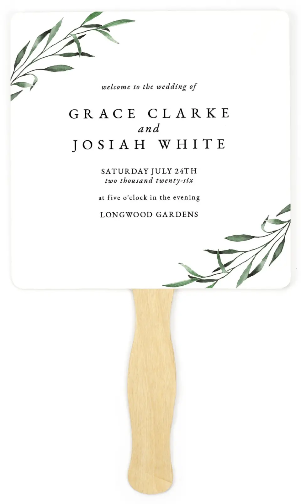 This is a 6¼" x 6¼" Wedding Program Fan called Tender Twig printed in full color on Premium Smooth paper