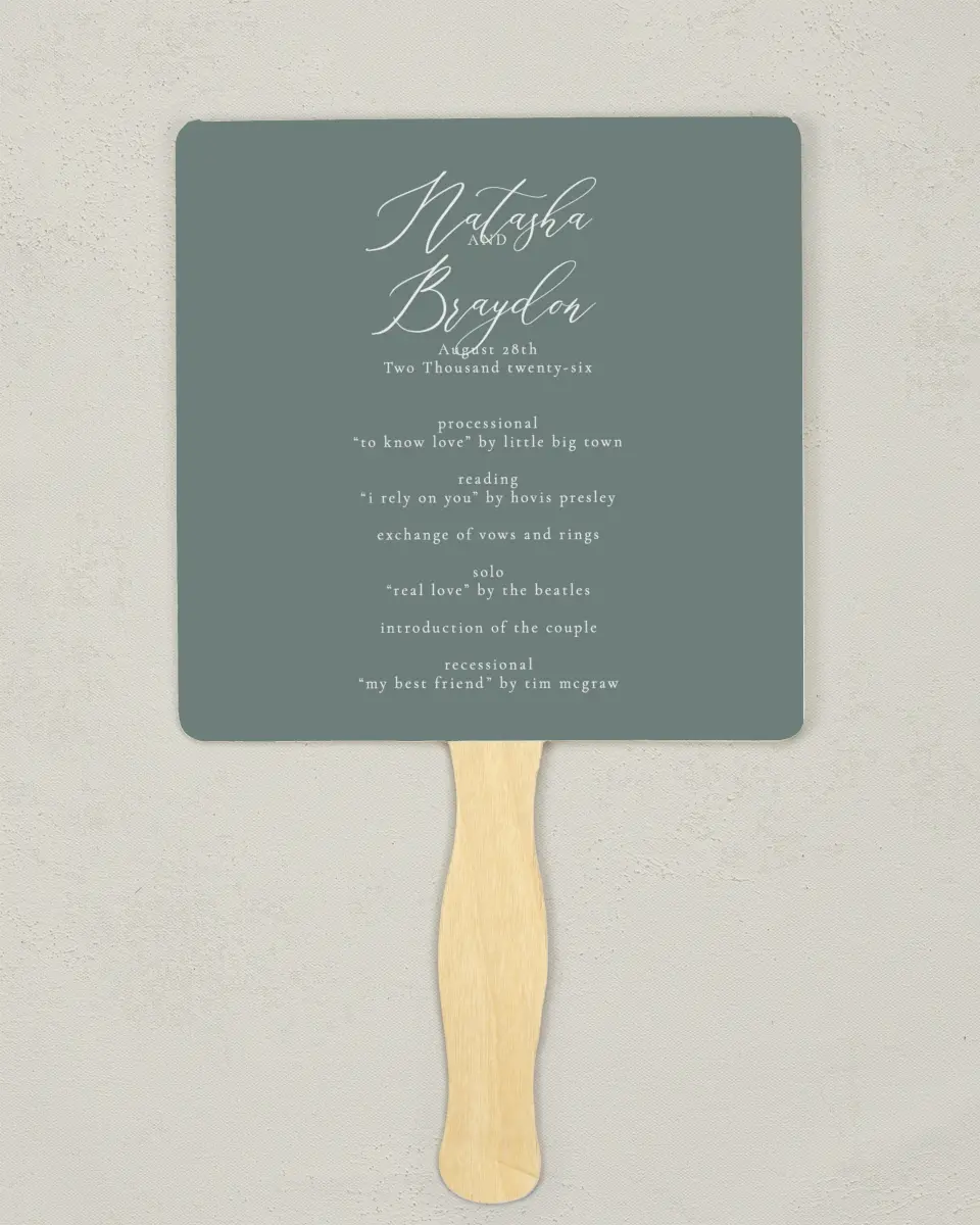This is a 6¼" x 6¼" Wedding Program Fan called Timeless Order printed in full color on Premium Smooth paper