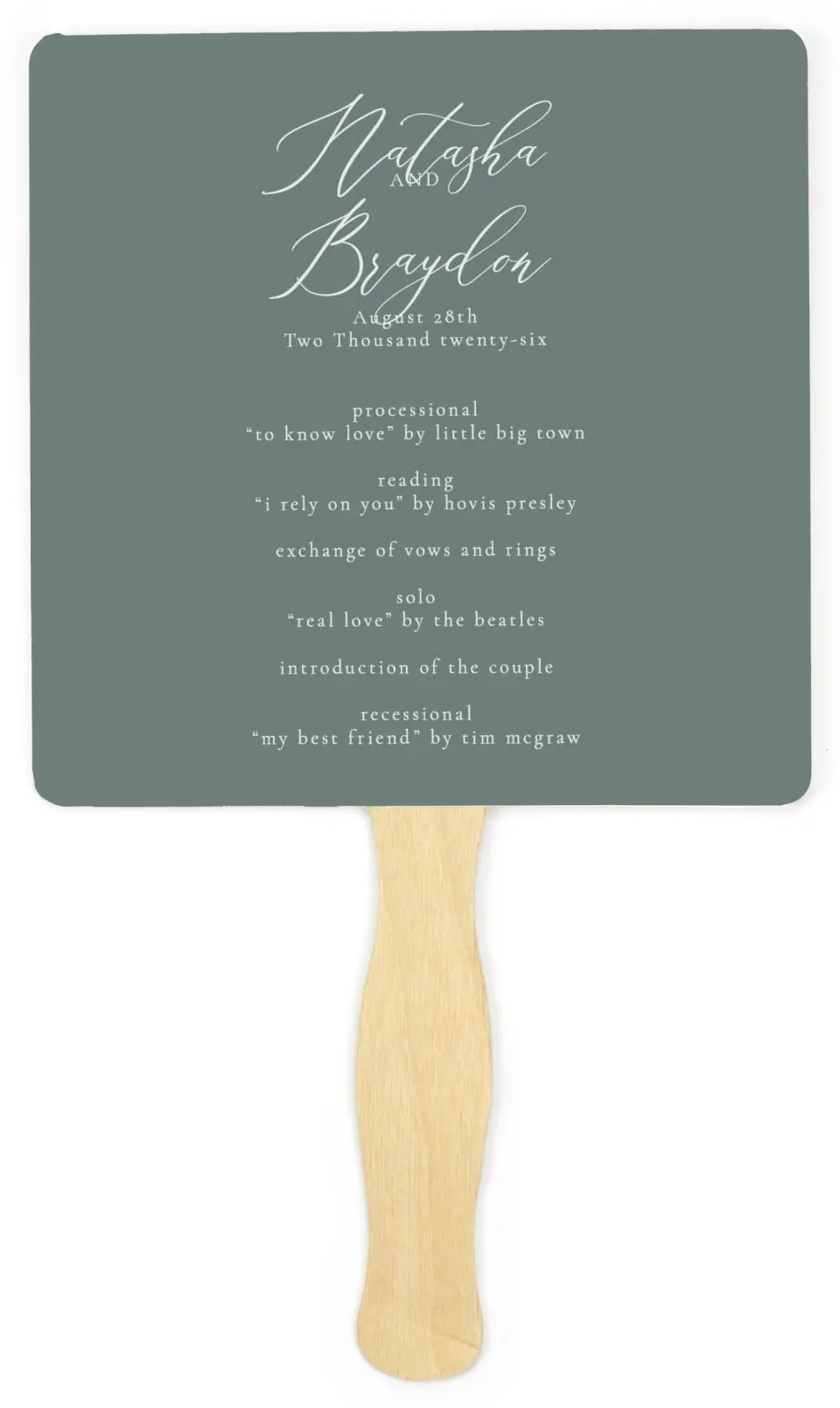 This is a 6¼" x 6¼" Wedding Program Fan called Timeless Order printed in full color on Premium Smooth paper