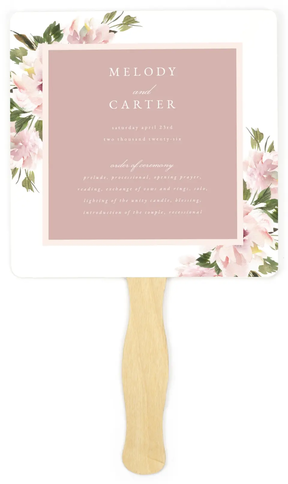 This is a 6¼" x 6¼" Wedding Program Fan called Sweet Floral printed in full color on Premium Smooth paper