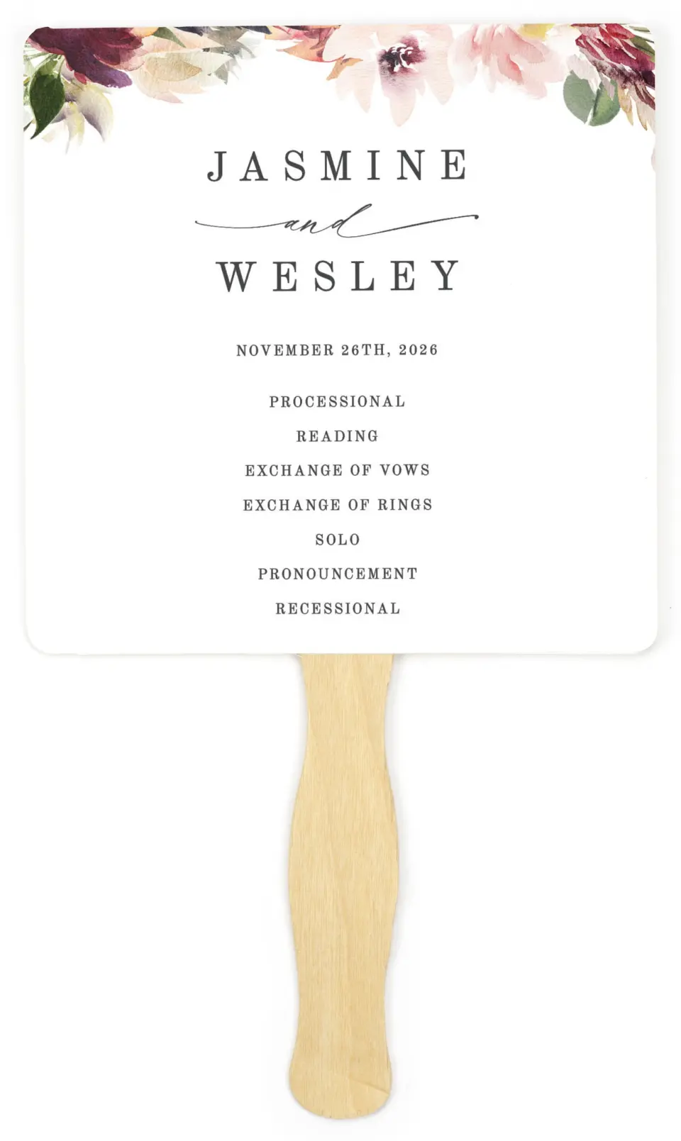 This is a 6¼" x 6¼" Wedding Program Fan called Natural Floral printed in full color on Premium Smooth paper