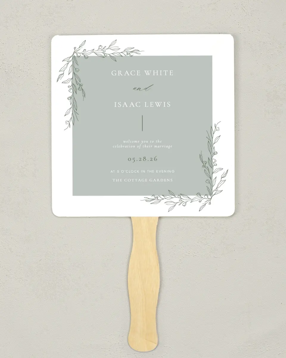 This is a 6¼" x 6¼" Wedding Program Fan called Sweet & Neat printed in full color on Premium Smooth paper