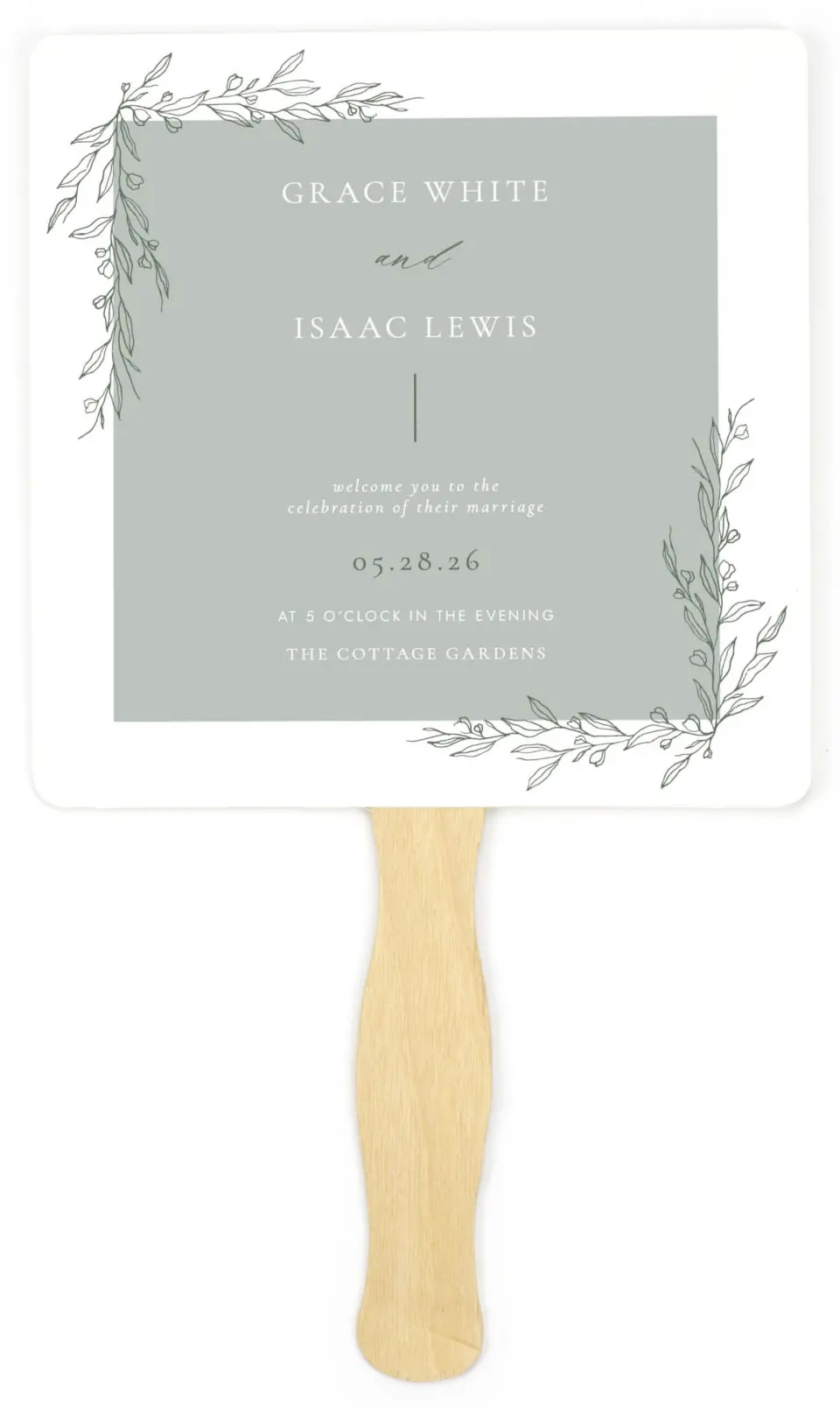 This is a 6¼" x 6¼" Wedding Program Fan called Sweet & Neat printed in full color on Premium Smooth paper
