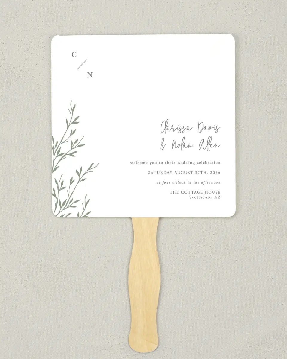 This is a 6¼" x 6¼" Wedding Program Fan called Bright Greens printed in full color on Premium Smooth paper