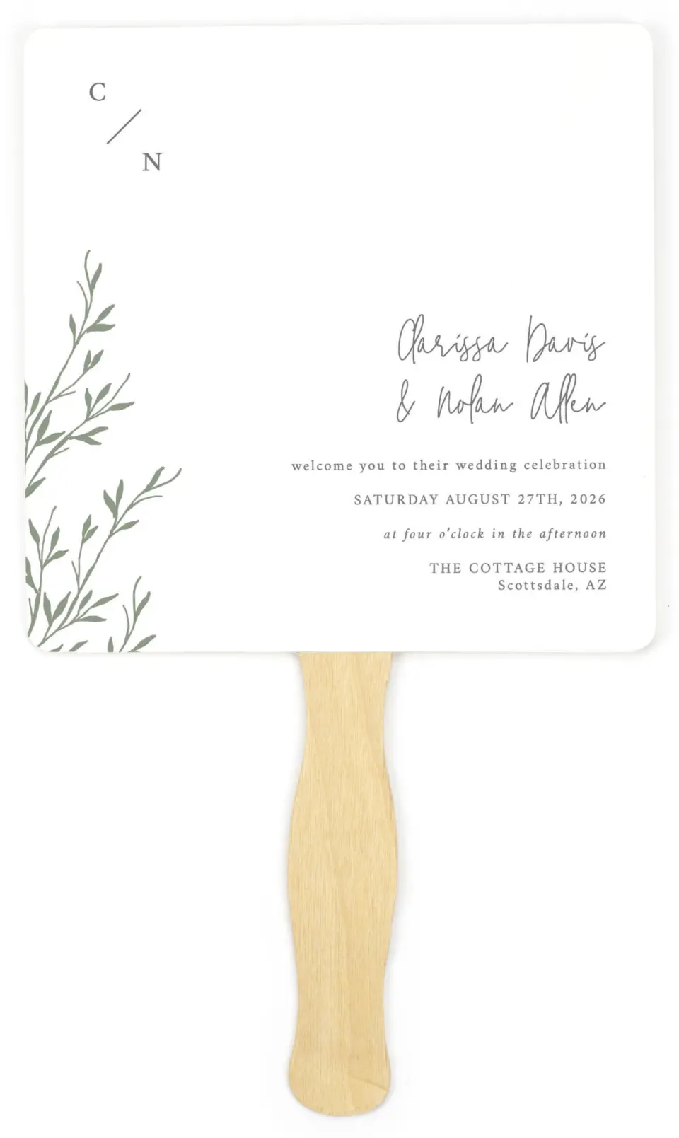 This is a 6¼" x 6¼" Wedding Program Fan called Bright Greens printed in full color on Premium Smooth paper