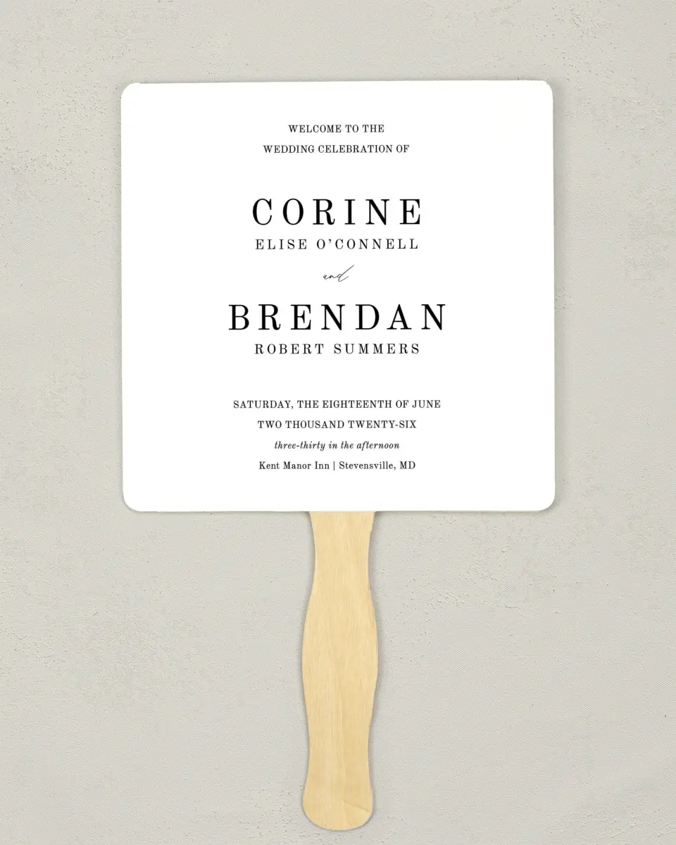 This is a 6¼" x 6¼" Wedding Program Fan called Classy Type printed in full color on Premium Smooth paper