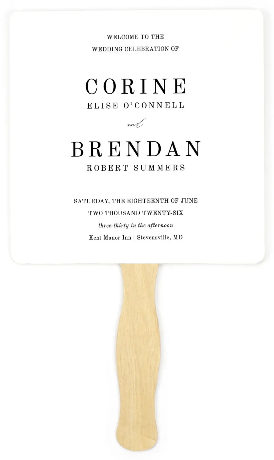 This is a 6¼" x 6¼" Wedding Program Fan called Classy Type printed in full color on Premium Smooth paper