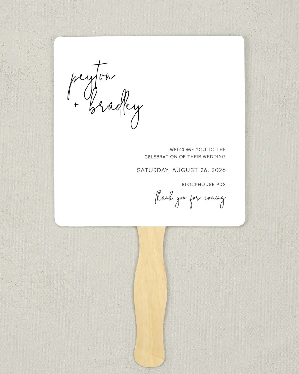 This is a 6¼" x 6¼" Wedding Program Fan called Mod Aesthetic printed in full color on Premium Smooth paper