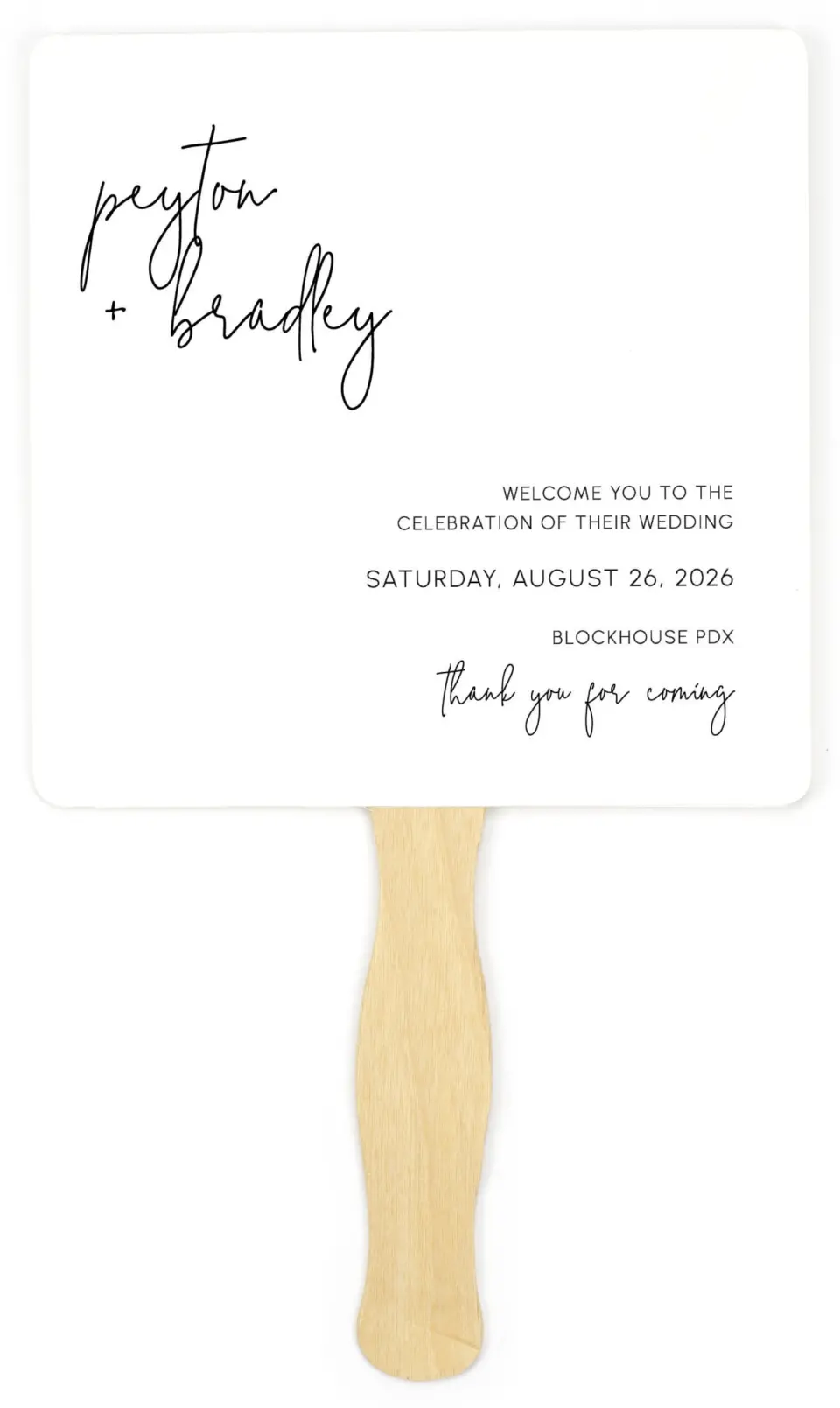 This is a 6¼" x 6¼" Wedding Program Fan called Mod Aesthetic printed in full color on Premium Smooth paper