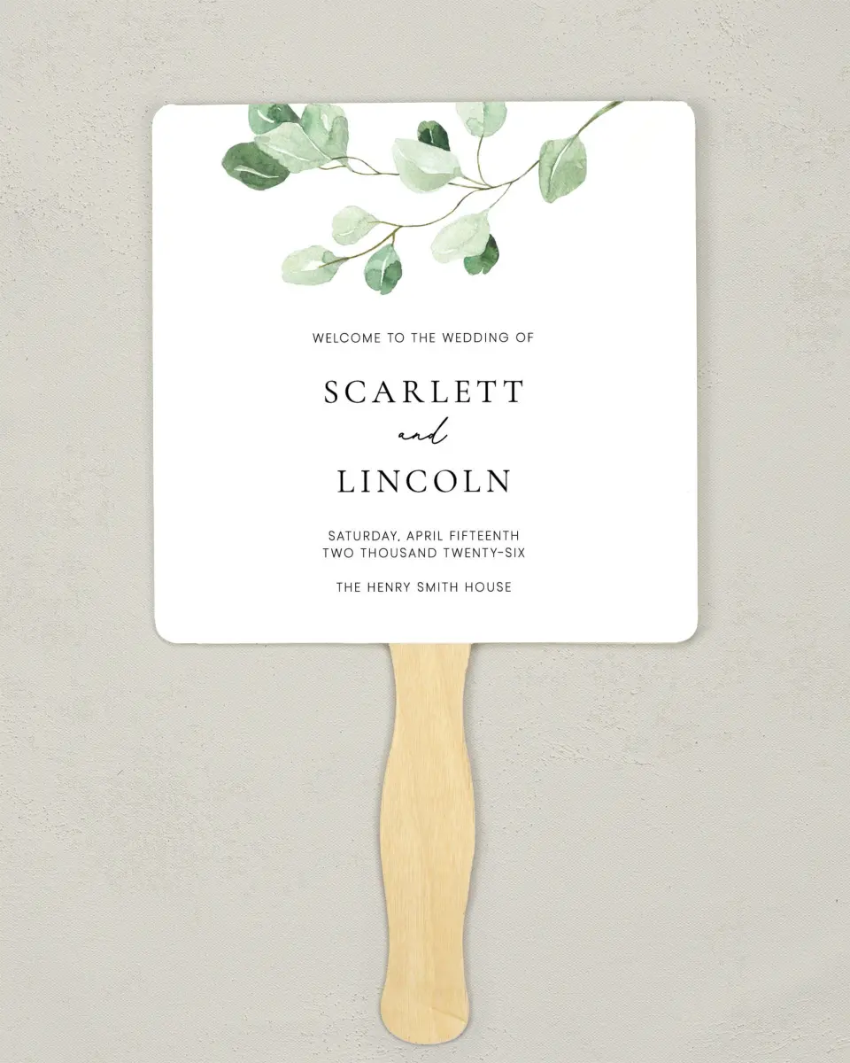 This is a 6¼" x 6¼" Wedding Program Fan called Sweet Greenery printed in full color on Premium Smooth paper
