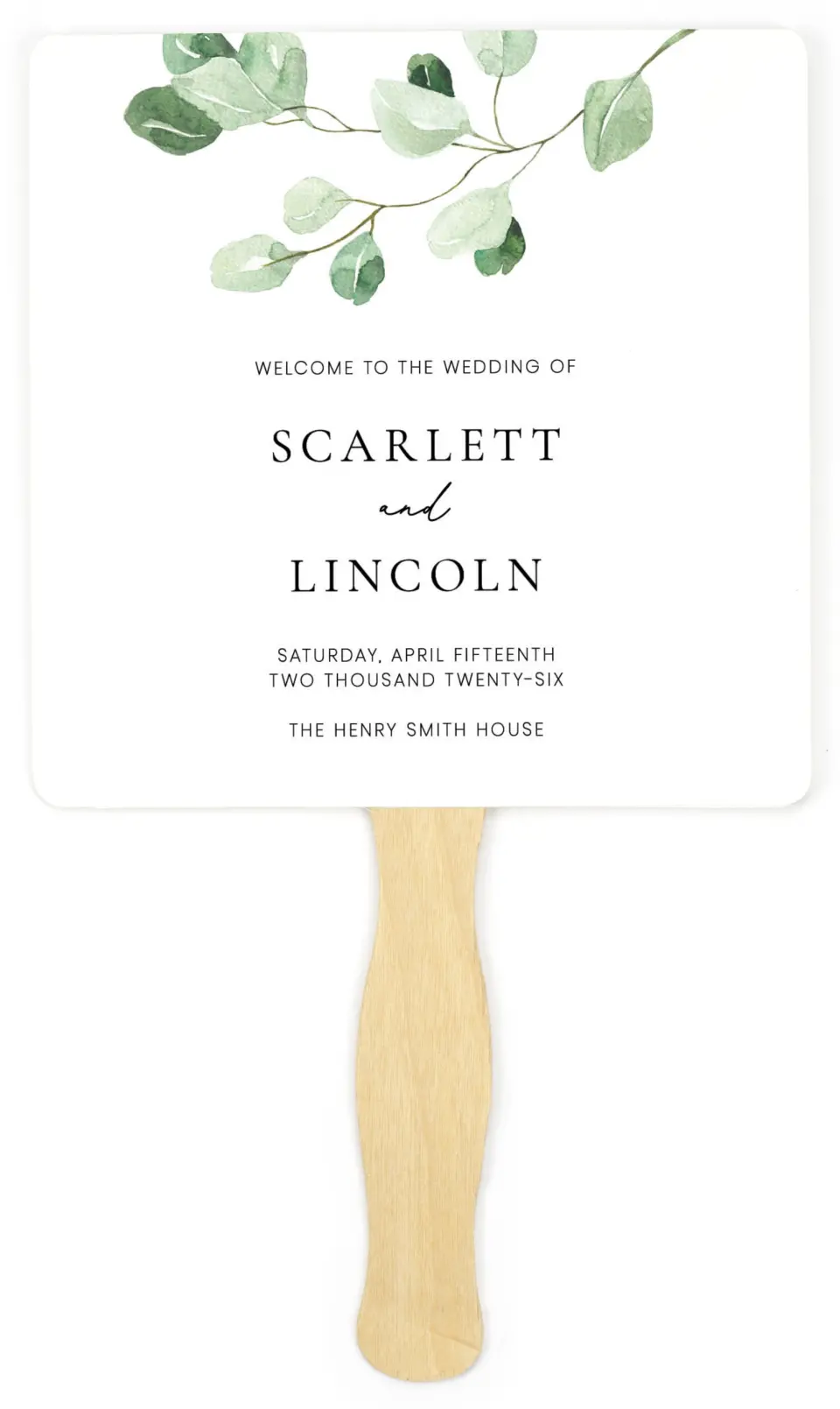 This is a 6¼" x 6¼" Wedding Program Fan called Sweet Greenery printed in full color on Premium Smooth paper