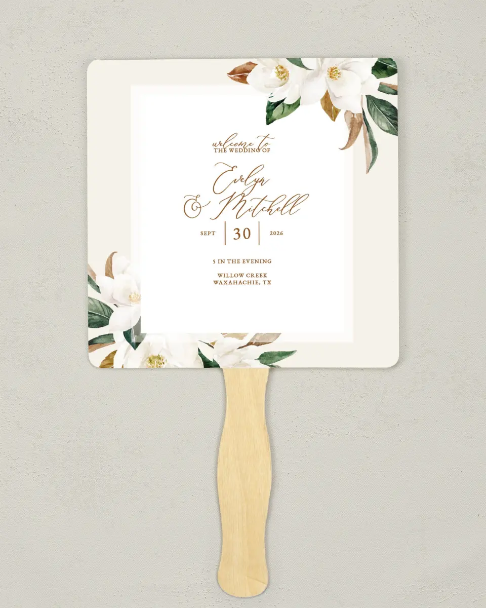 This is a 6¼" x 6¼" Wedding Program Fan called Soft Magnolia printed in full color on Premium Smooth paper