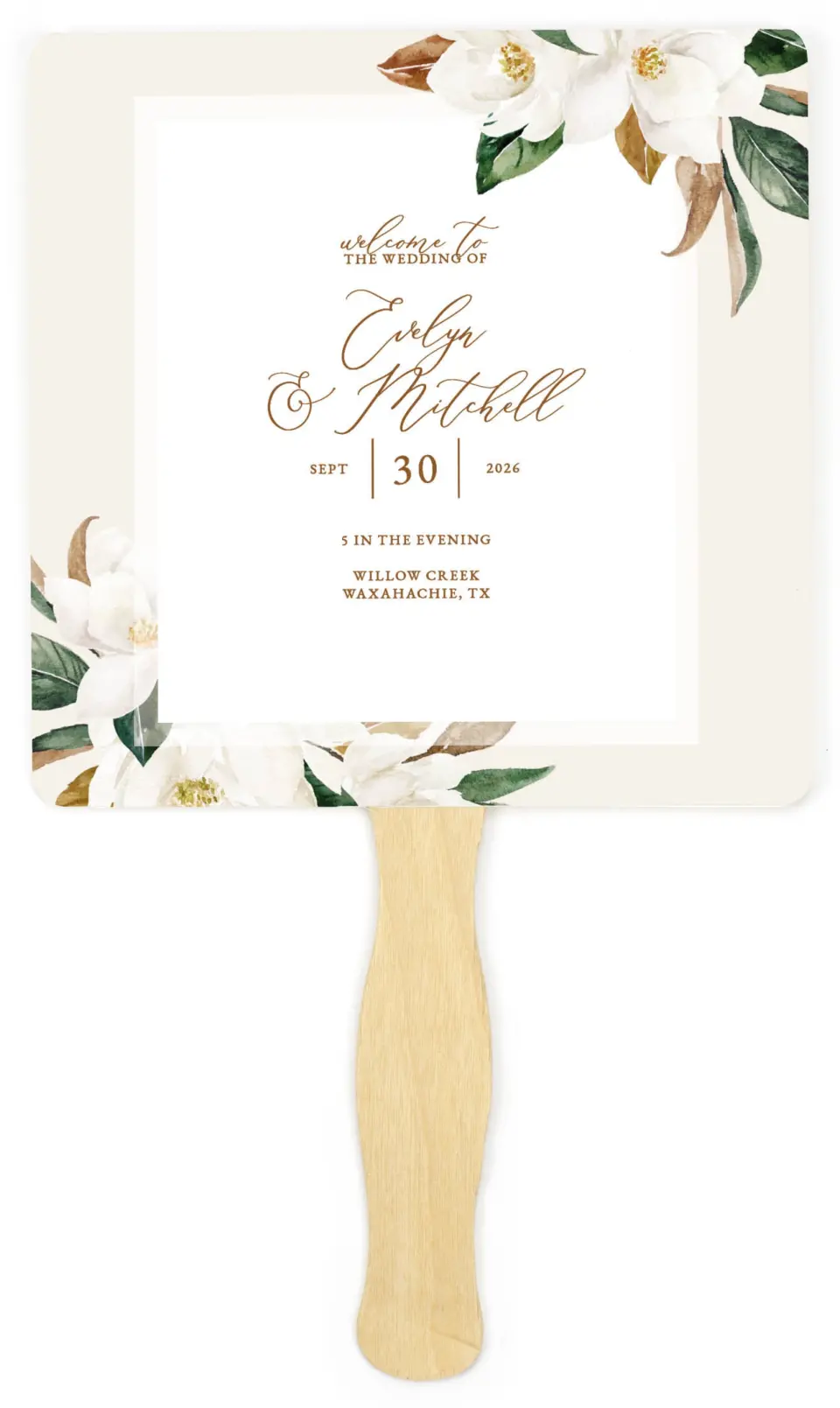 This is a 6¼" x 6¼" Wedding Program Fan called Soft Magnolia printed in full color on Premium Smooth paper