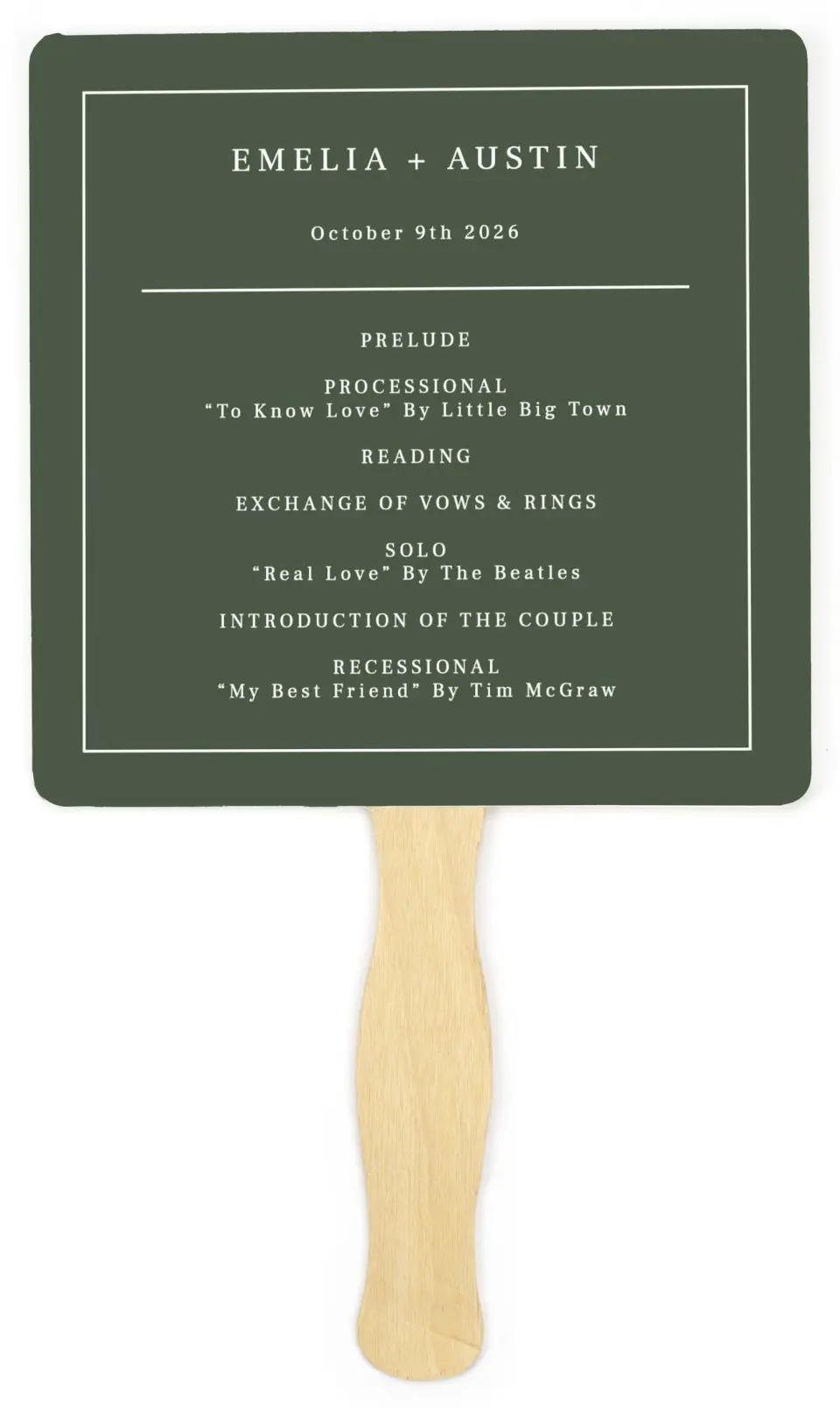 This is a 6¼" x 6¼" Wedding Program Fan called Magnificent Margin printed in full color on Premium Smooth paper