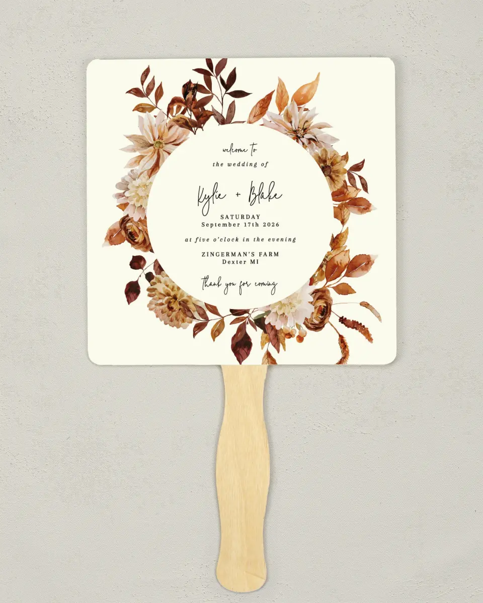 This is a 6¼" x 6¼" Wedding Program Fan called Country Blooms printed in full color on Premium Smooth paper