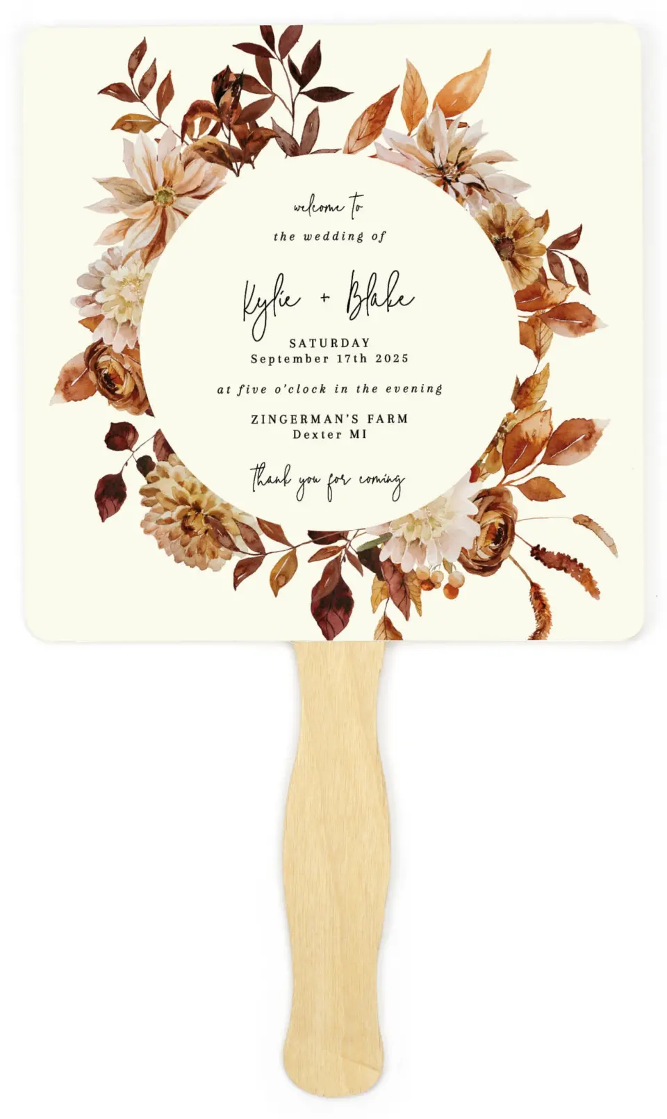 This is a 6¼" x 6¼" Wedding Program Fan called Country Blooms printed in full color on Premium Smooth paper